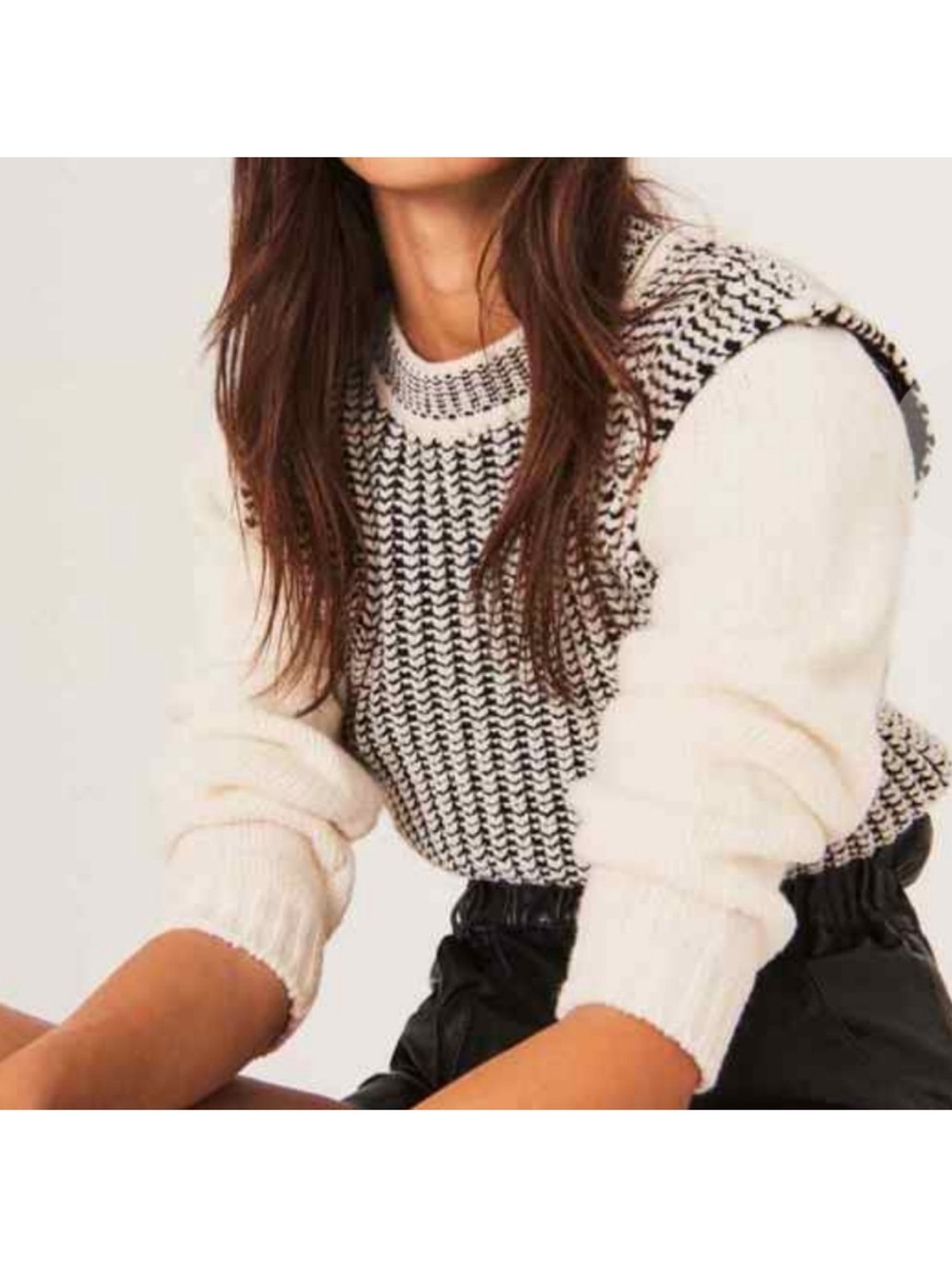 ba&sh Cream and Black Knit Puff-Sleeve Crew Sweater